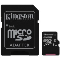 карта памяти KINGSTON microSDXC 64Gb Canvas Select U1 (R80/W10)+ad